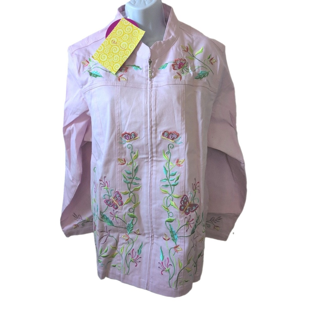 Quacker Factory Pink Zip Jacket Womens 1X Embroidered Flower Butterfly - New